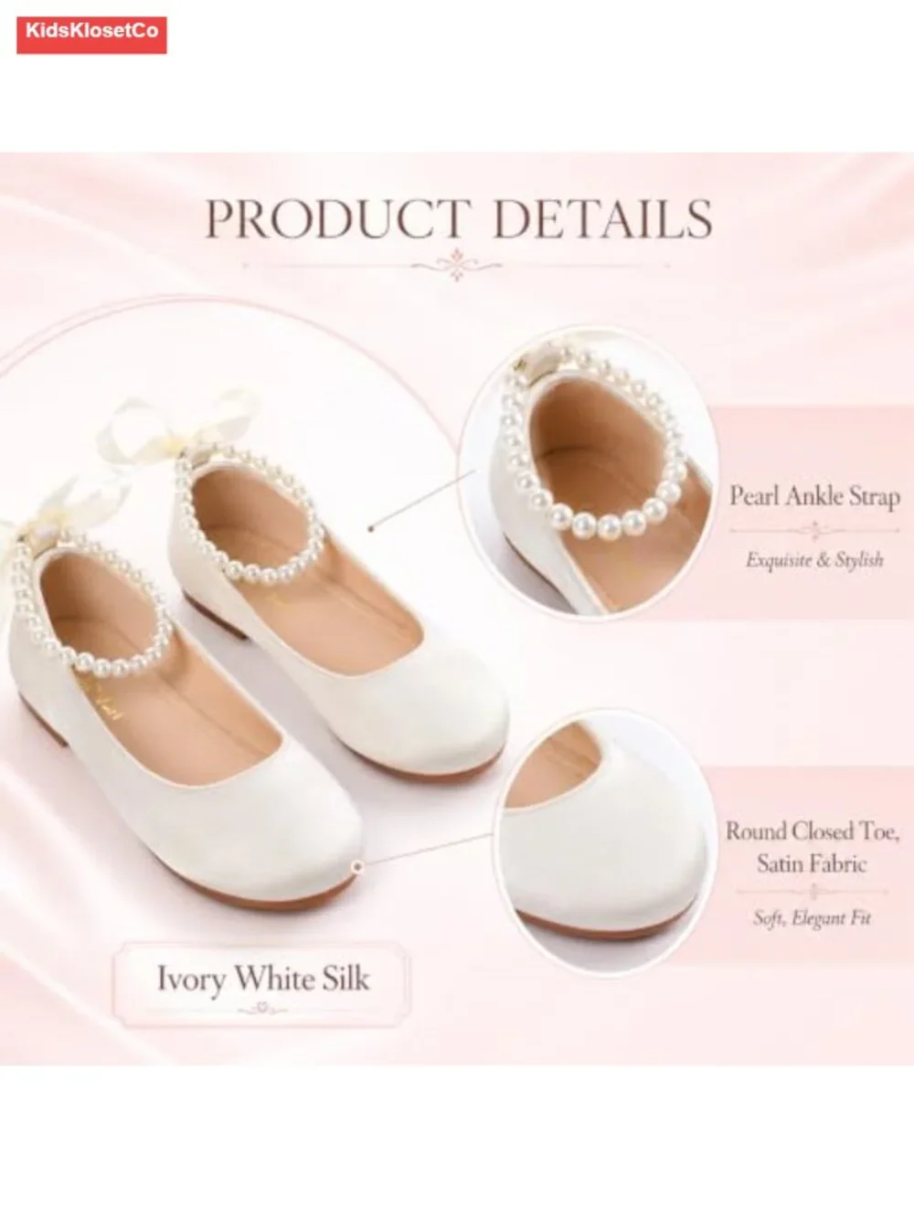 Toddler Girls Mary Jane Ballet Flats with Pearl Ankle Strap, Princess Dress